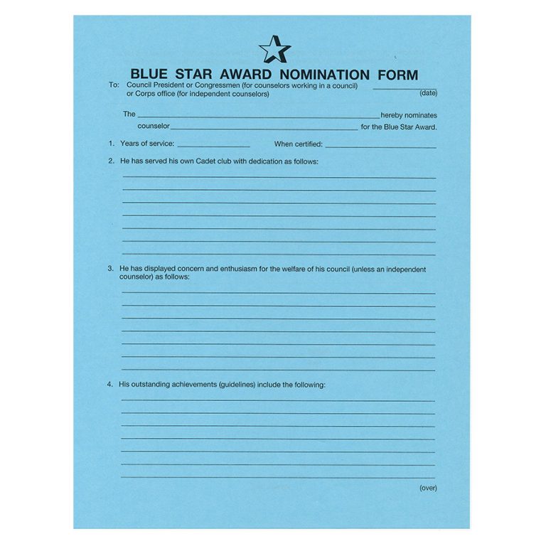 Blue Star Award Nomination Form Shop Cadets
